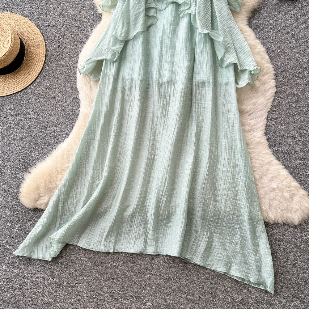 Vacation style halter suspender pure lust style dress women's summerk-stylerufflesv neckhigh waistslimming look long skirt
