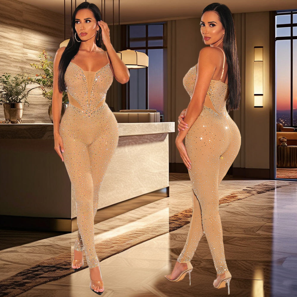 C7163 cross-border   fashion women's hot diamond sexy slimming arm bag strap jumpsuit
