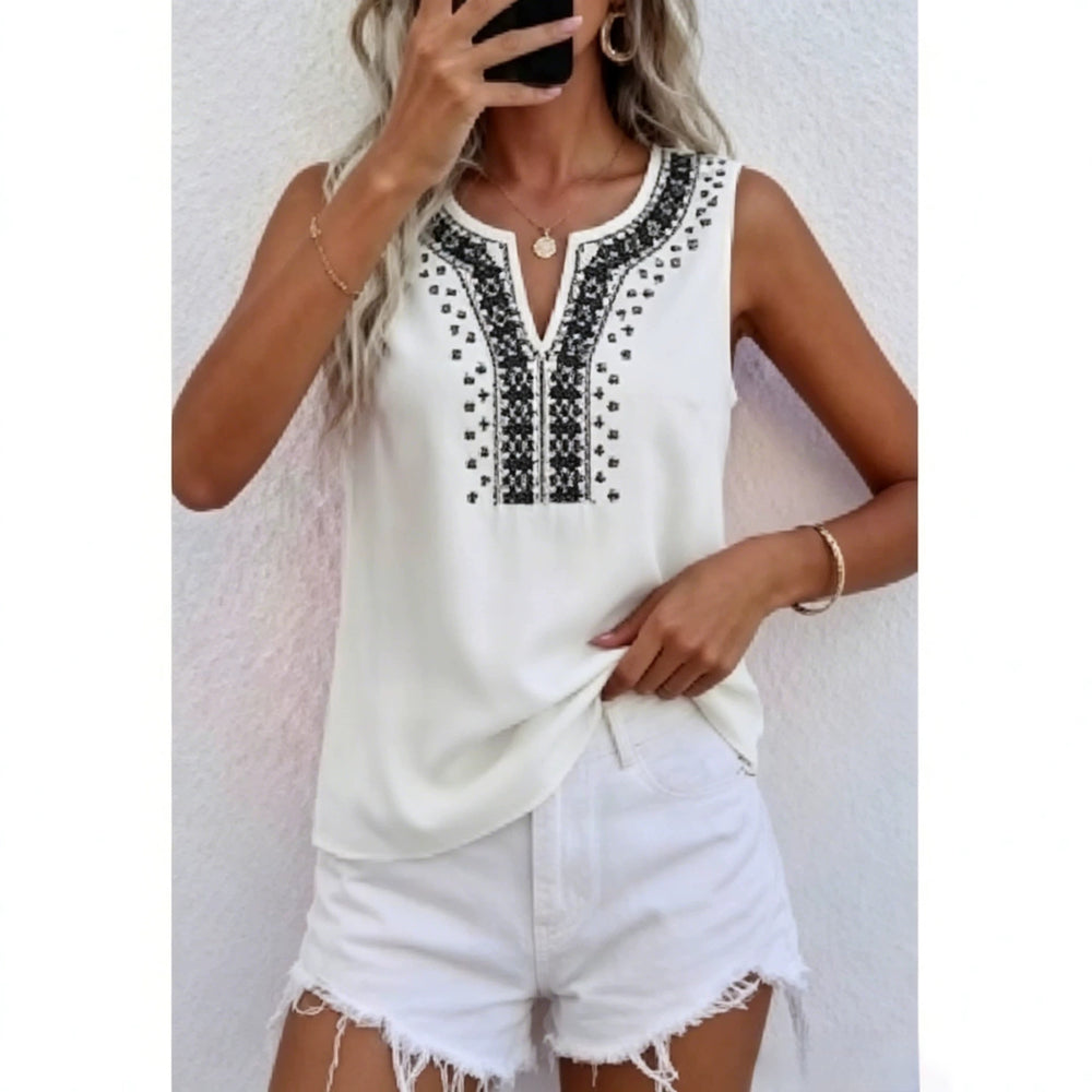 european and american new print embroidery cutout v-neck tank top t-shirt