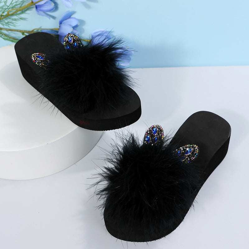 2024 summer new korean style ostrich feather one-strap flat sandals slippers women's plus size