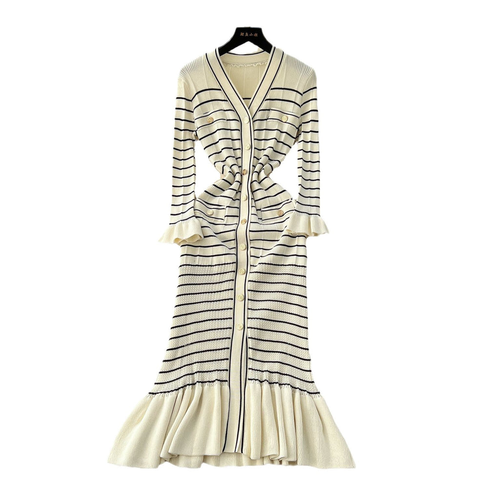 Elegant v-neck striped knit dress for women - perfect for cross-border e-commerce: autumn/winter, slim fit, ruffled hem, and stretchy