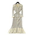 Elegant v-neck striped knit dress for women - perfect for cross-border e-commerce: autumn/winter, slim fit, ruffled hem, and stretchy