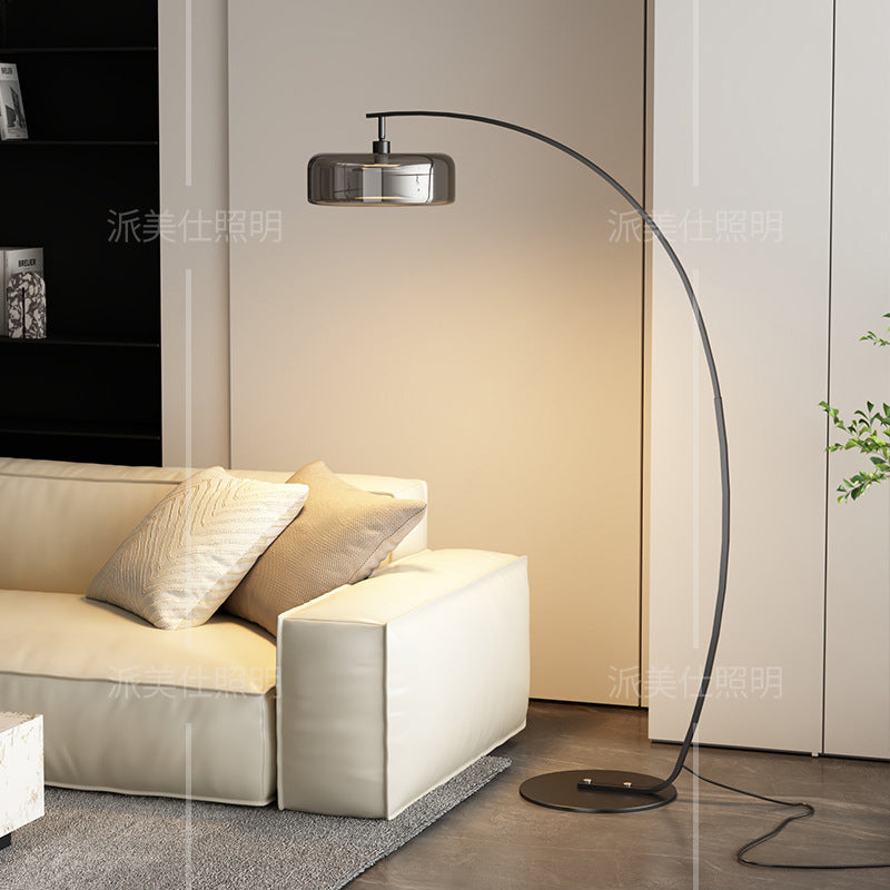 Minimalist floor lamp, premium glass, gray italian style, living room ambiance, beside sofa, light luxury table lamp, standing bedside reading lamp