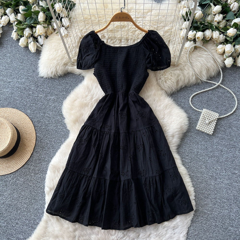French chic one-shoulder bubble sleeve a-line dress - women's summer korean style short sleeve high waist slimming elegant dress