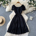 French chic one-shoulder bubble sleeve a-line dress - women's summer korean style short sleeve high waist slimming elegant dress
