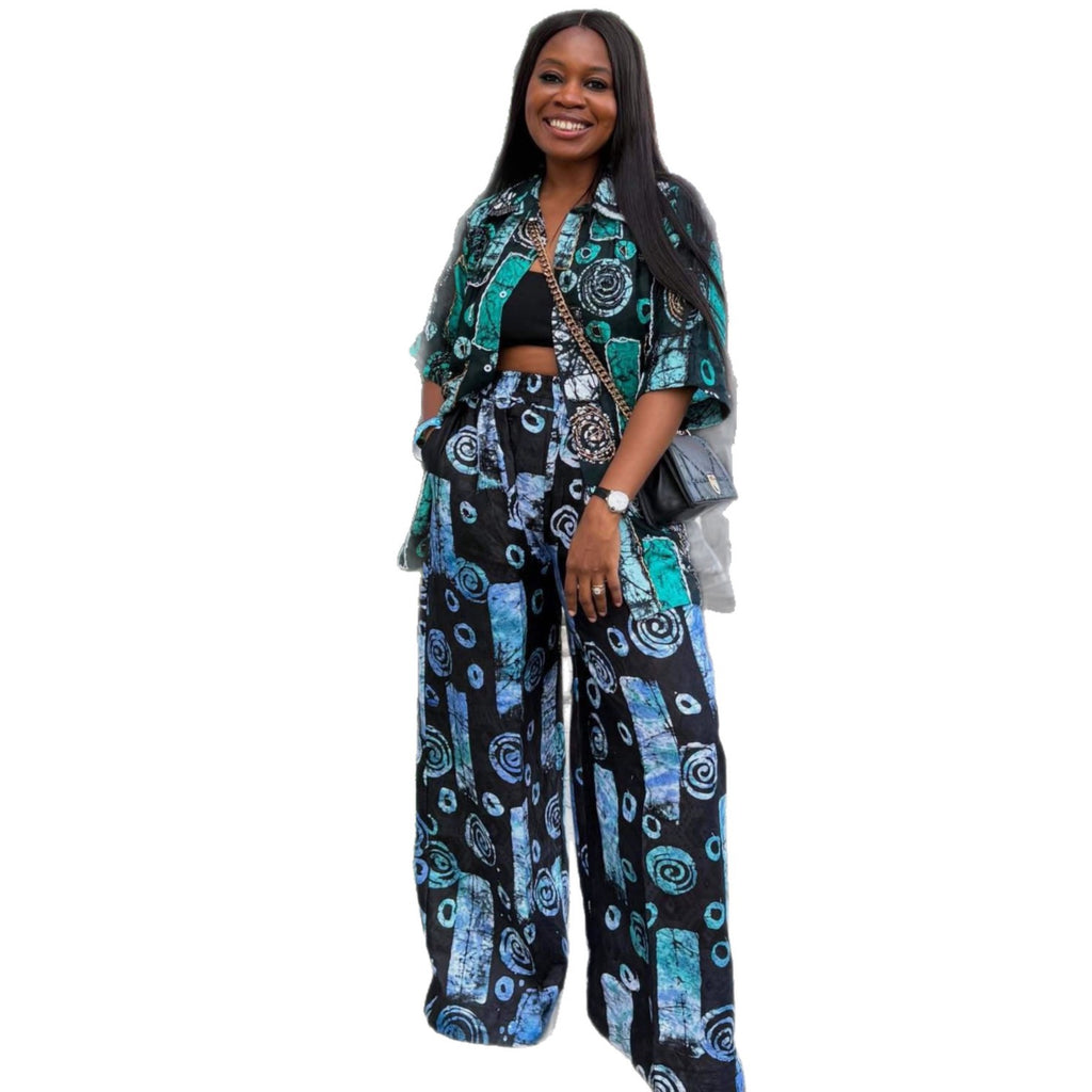European and American large-size cardigan printed shirt elastic waist loose wide-leg pants women's new African women's fashion two-piece set