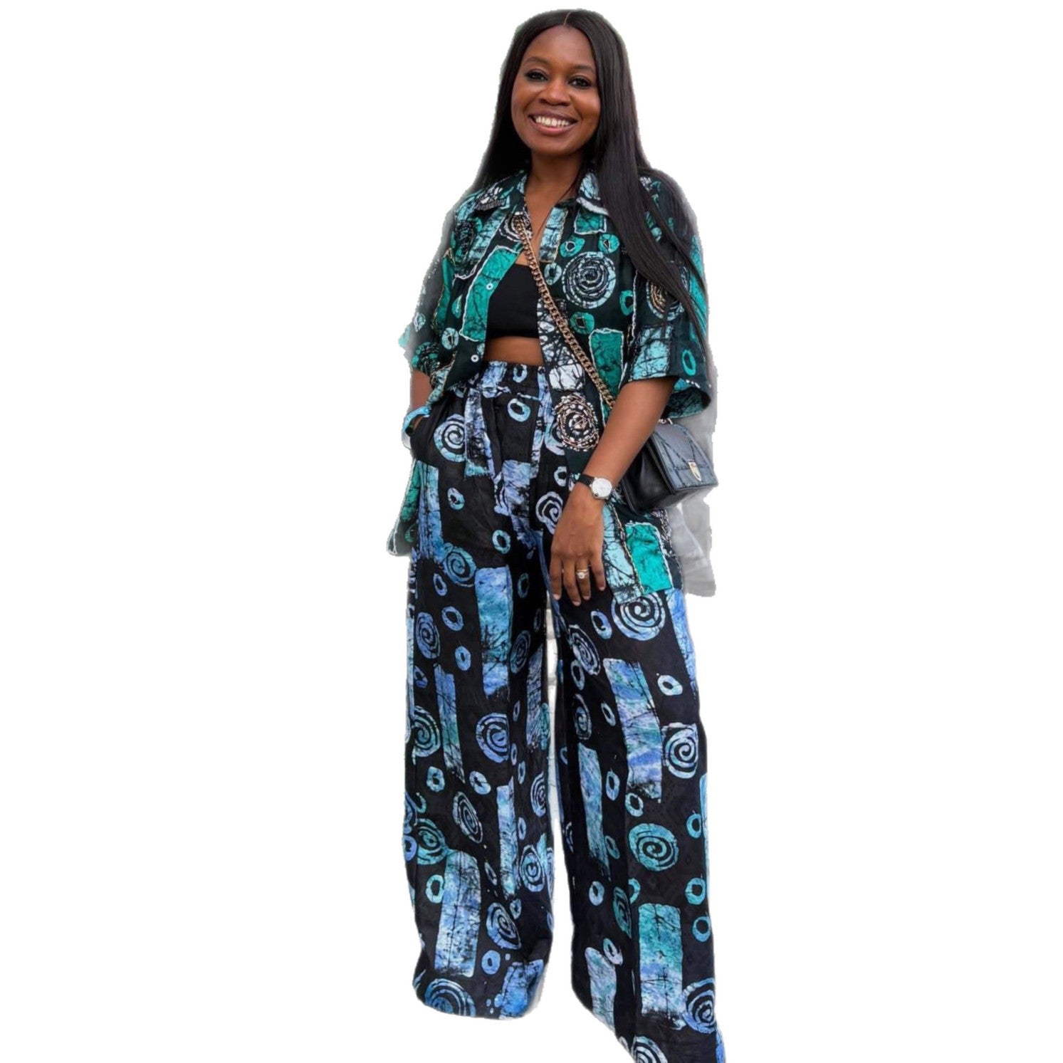 European and American large-size cardigan printed shirt elastic waist loose wide-leg pants women's new African women's fashion two-piece set