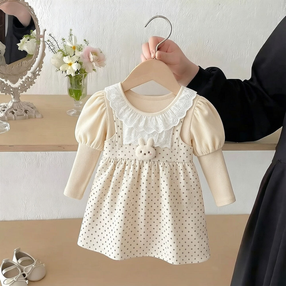 spring new girls' cotton dress, faux two-piece style, korean style toddler short-sleeve dress, cartoon design