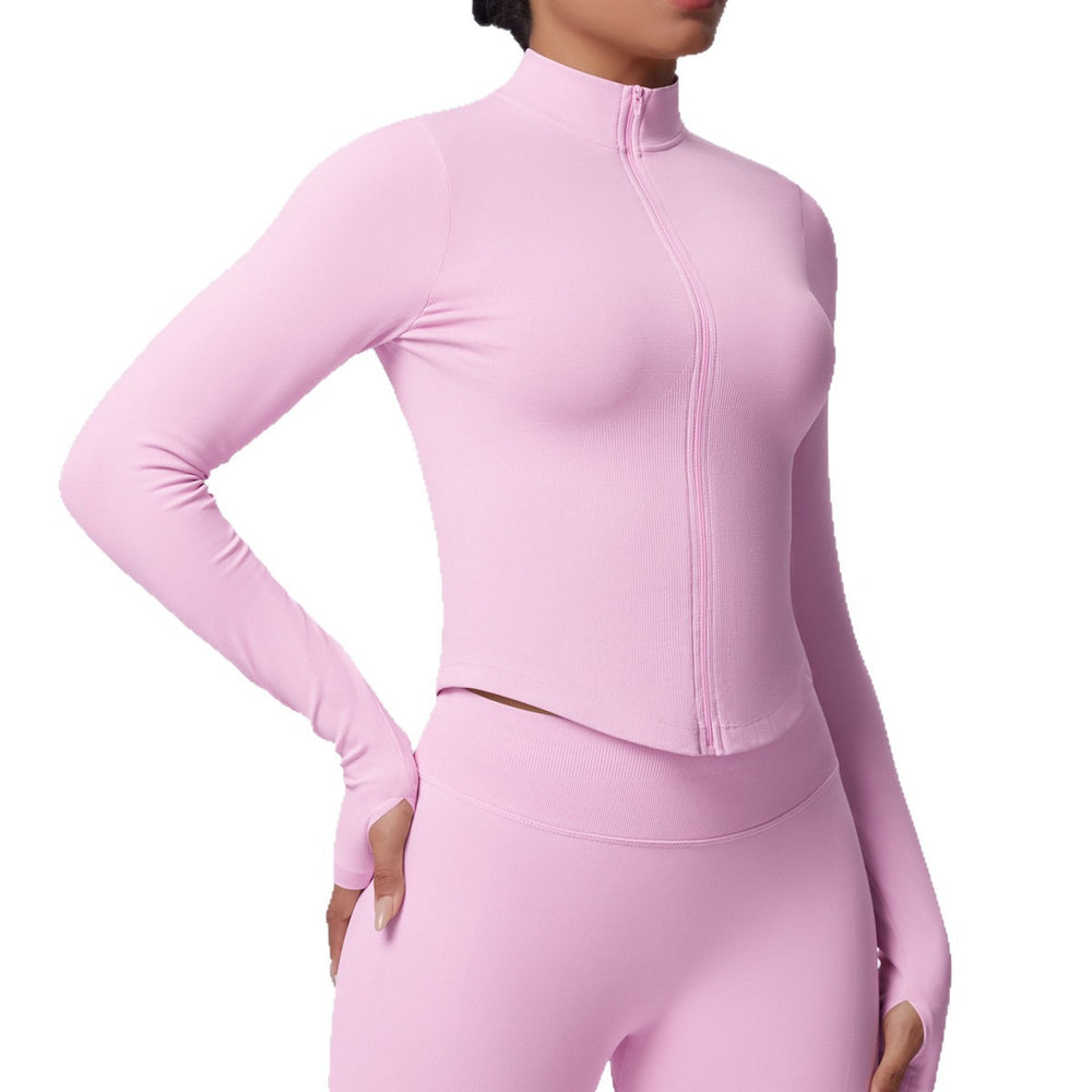 seamless pure color tight high elastic breathable stand collar zipper outwear sports running fitness yoga wear tops for women