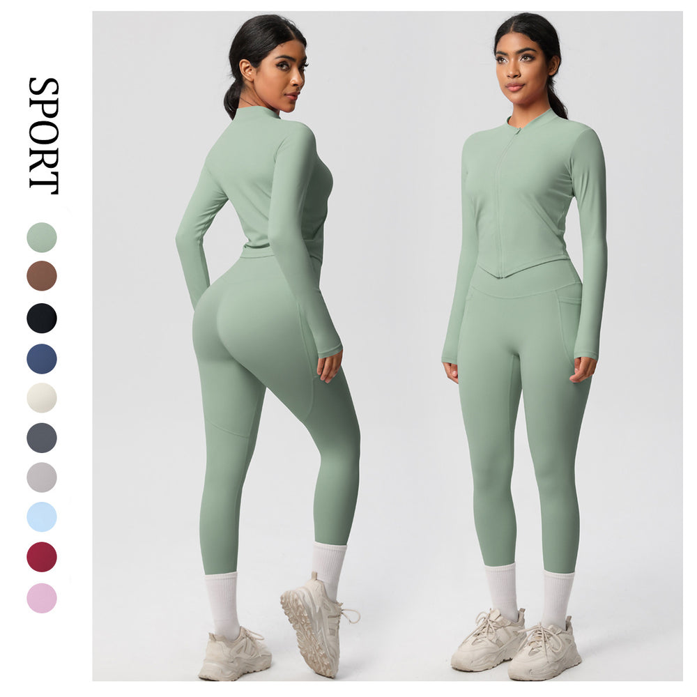 European and american nude feel compression zip-up yoga set - high-waisted pocket quick-dry activewear running fitness two-piece outfit