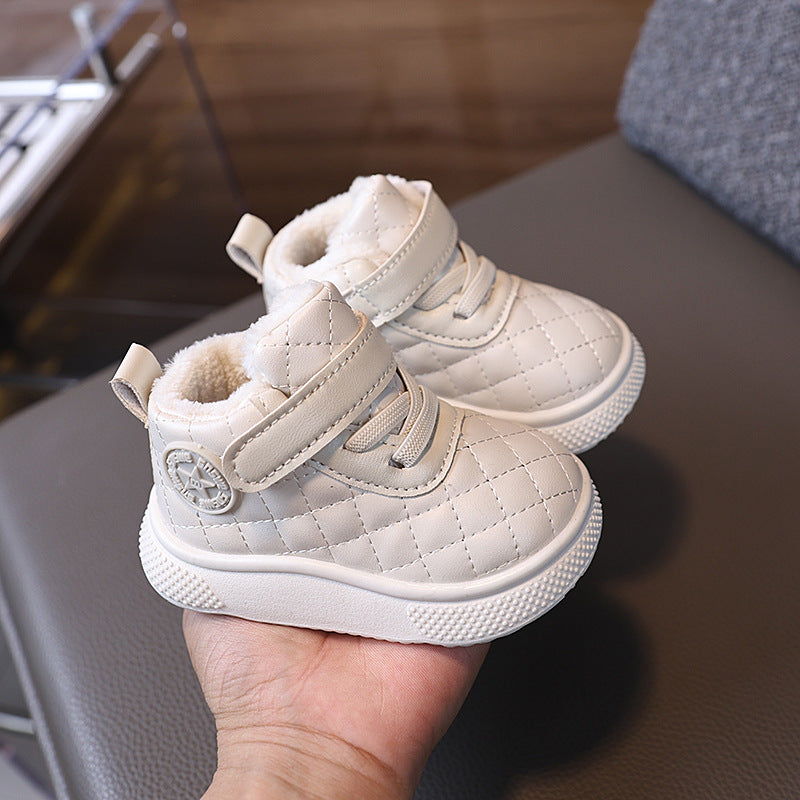 Autumn/winter high-top soft sole non-slip prewalker shoes for baby boys and girls, ages 1-3, fleece-lined, extra thick, warm, double-layer cotton shoes, bread shoes style