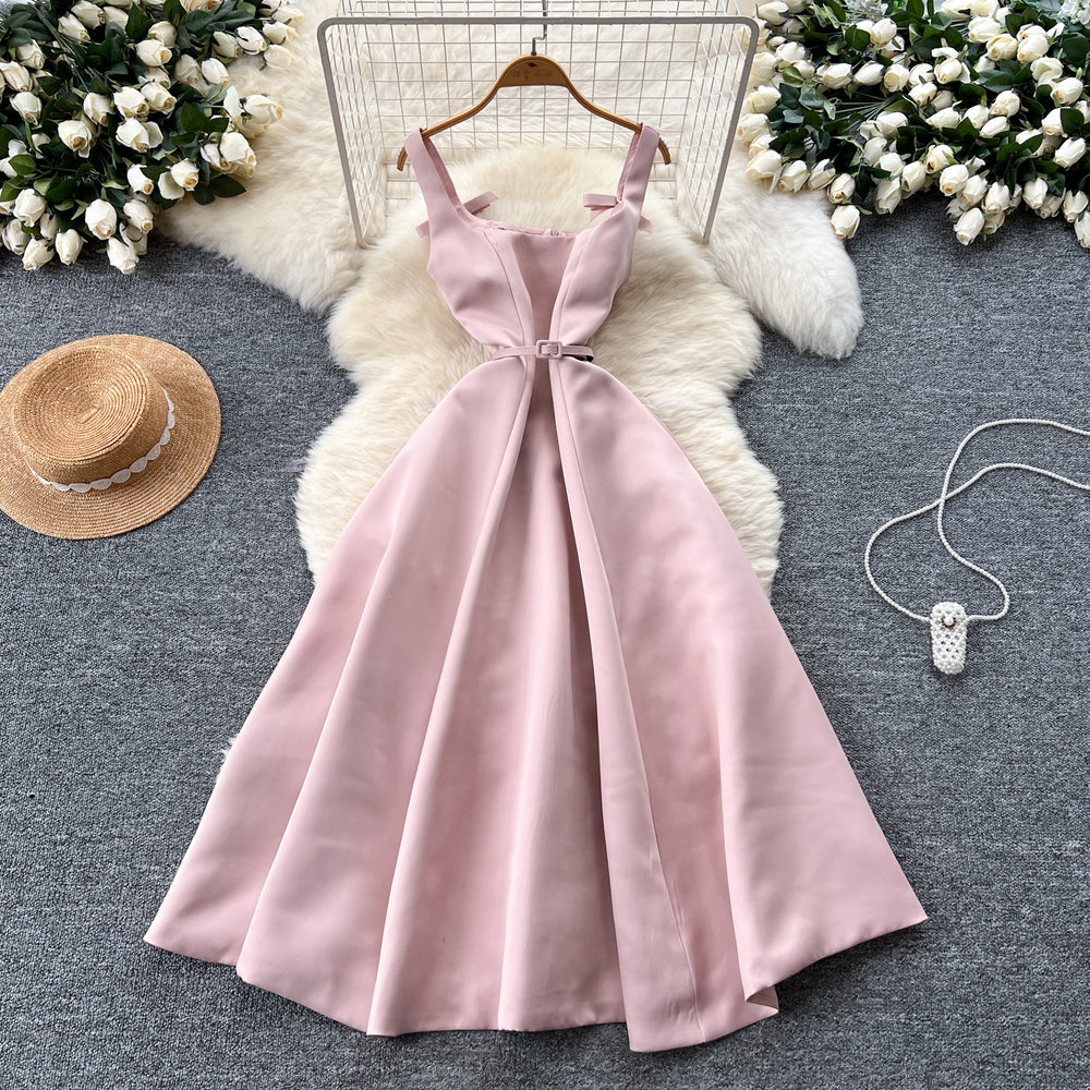 Hepburn style dress for women summerfrenchclassy sense bows waist slimming look suspender square collar fluffy dress