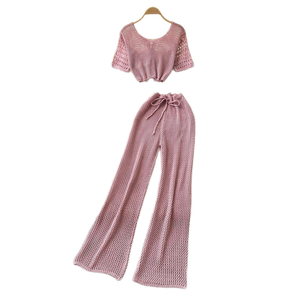Korean style sweet & chic two-piece set: cutout & tie-strap knit top with high-waisted wide-leg pants