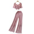 Korean style sweet & chic two-piece set: cutout & tie-strap knit top with high-waisted wide-leg pants