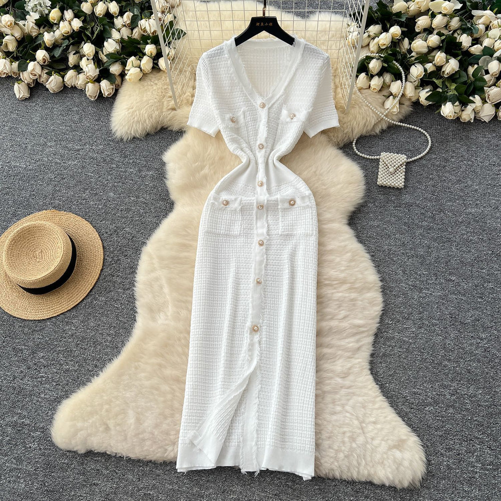 Xiaoxiangfengclassy raw edge v neck short-sleeved knittingdress women's summer waist single-breasted silm long skirt
