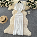 Xiaoxiangfengclassy raw edge v neck short-sleeved knittingdress women's summer waist single-breasted silm long skirt