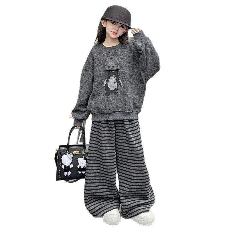 Girls' spring/autumn sweatshirt set -  spring new arrival - loose fit two-piece set for older girls - student striped wide-leg pants