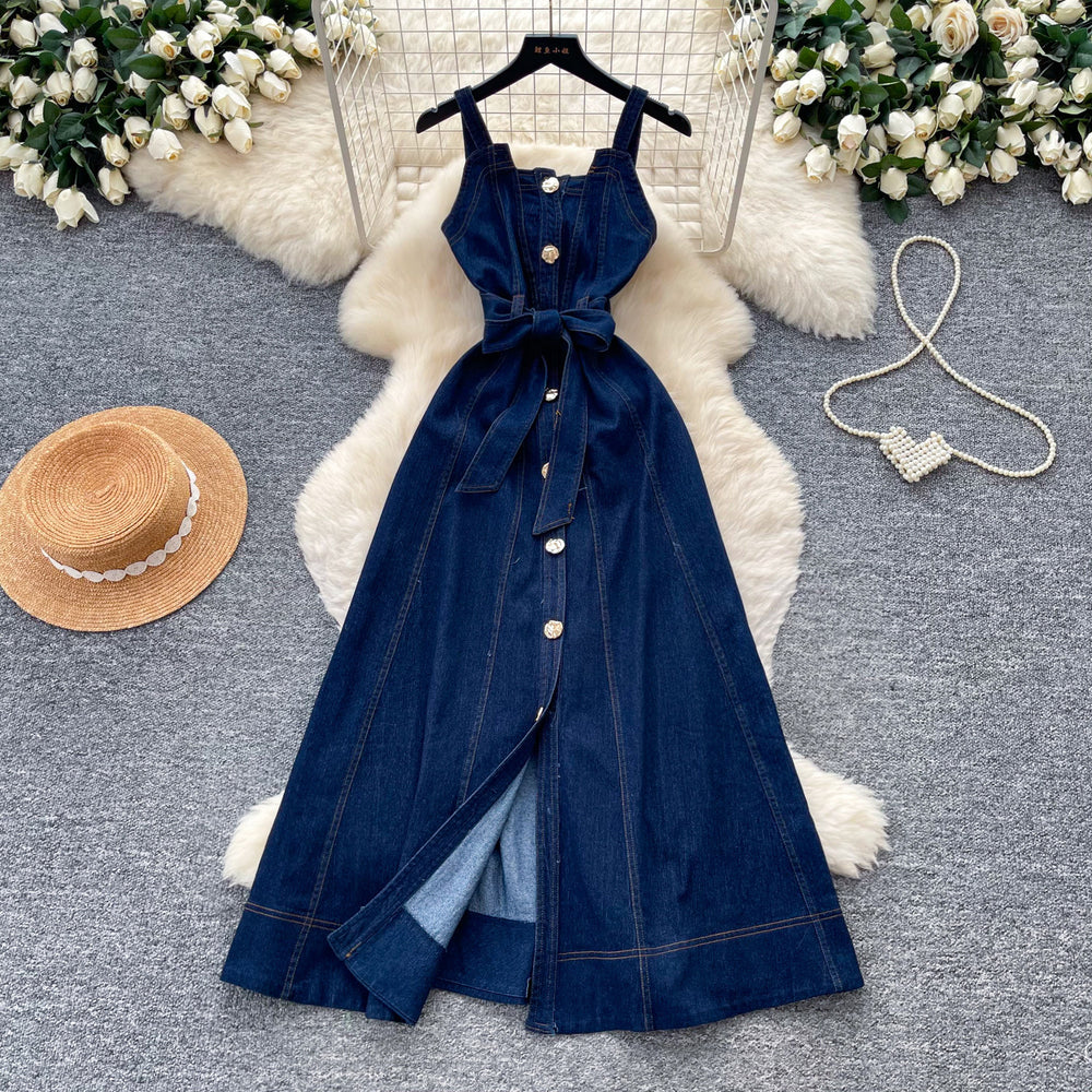 Vintage denim cami dress - women's summer a-line maxi dress with button detail, tie waist, and commute-friendly design