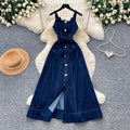 Vintage denim cami dress - women's summer a-line maxi dress with button detail, tie waist, and commute-friendly design