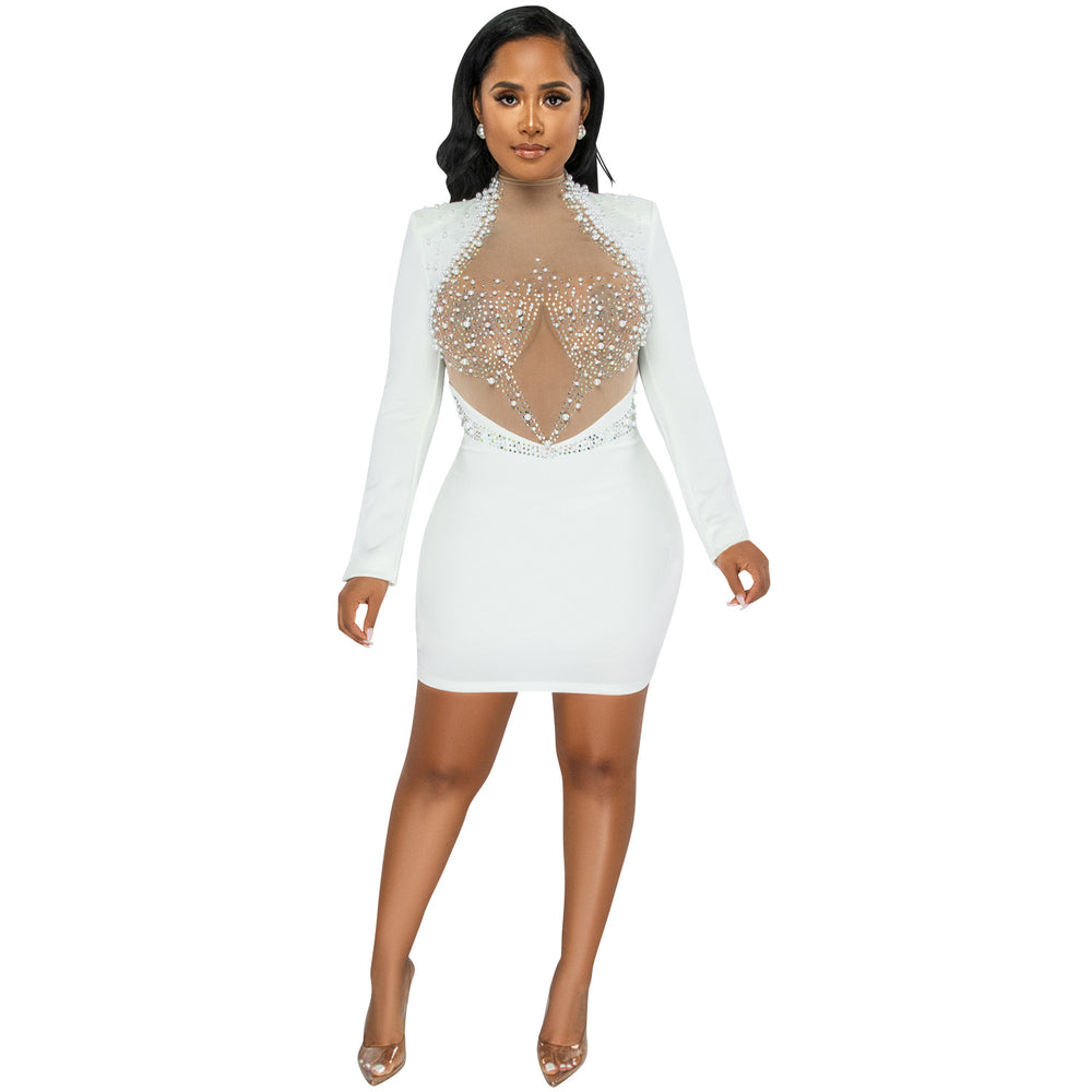 X5681  fashion sexy nightclub rhinestone mesh see-through beaded backless long sleeve midi dress for women