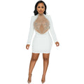 X5681  fashion sexy nightclub rhinestone mesh see-through beaded backless long sleeve midi dress for women