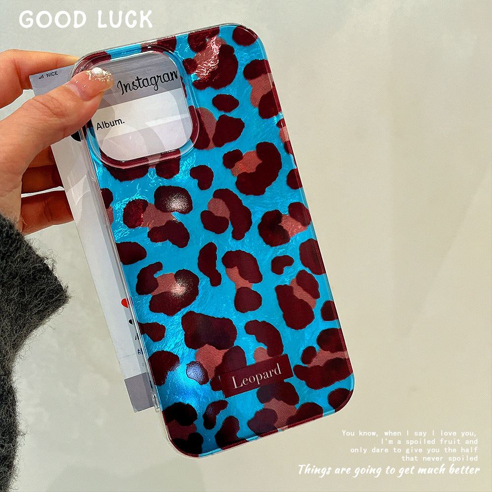 Blue and brown leopard print swirl case, compatible with apple 16 pro max, iphone 15, and iphone 14