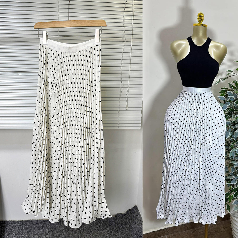 Classic fashion pleated polka dot midi skirt - french sweet style, versatile high-waisted a-line skirt