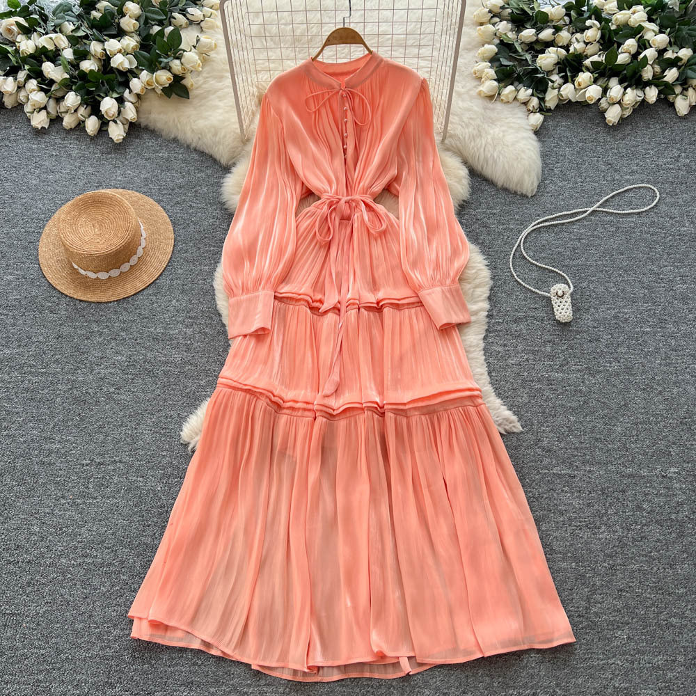 French high-end women's dress - autumn  collection: tie-waist, lantern sleeve, elegant, flowy, and floor-length maxi dress