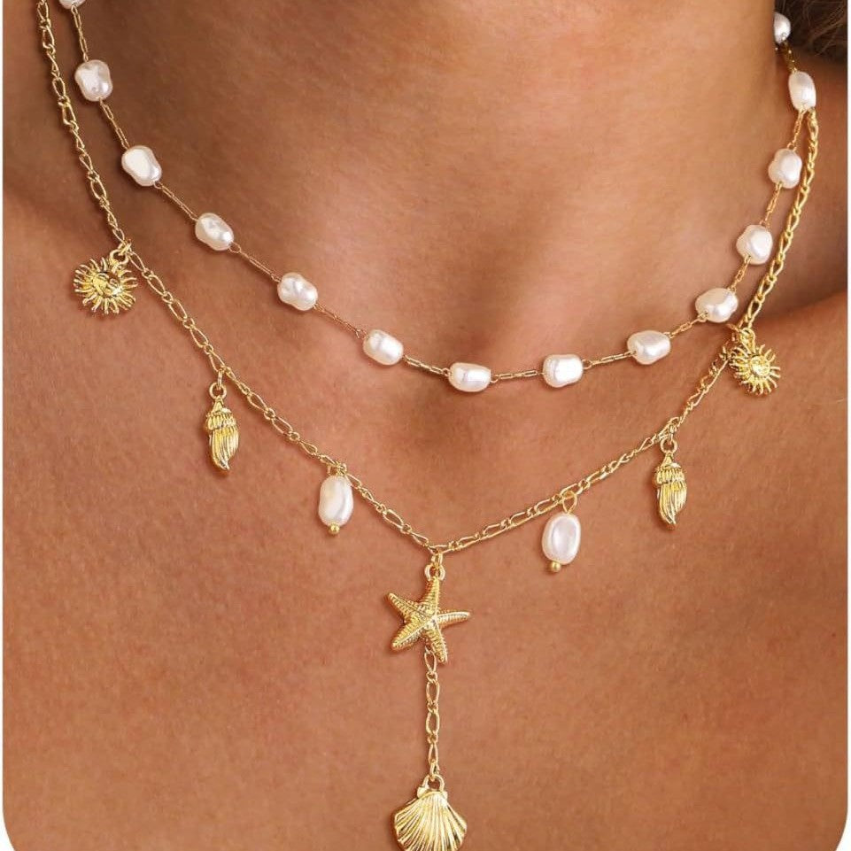 European and american beach ocean style stainless steel starfish seashell pendant necklace women's pearl choker designer necklace