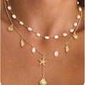 European and american beach ocean style stainless steel starfish seashell pendant necklace women's pearl choker designer necklace