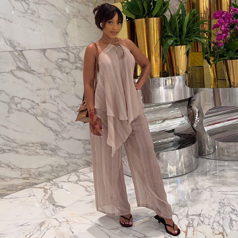 European and american cross-border women's fashion:  summer new collection - halter neck irregular camisole top and wide-leg pants set