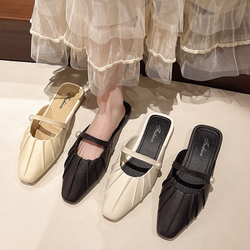 Retroeasiest for match toe half drag pleated half bag slippers women 2025french soft bottom slip-on fairy flats women