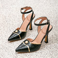 Fashionexport black crocodile pattern pointed toe sandals metal trim pearl buckle stiletto high heels strip cross-border