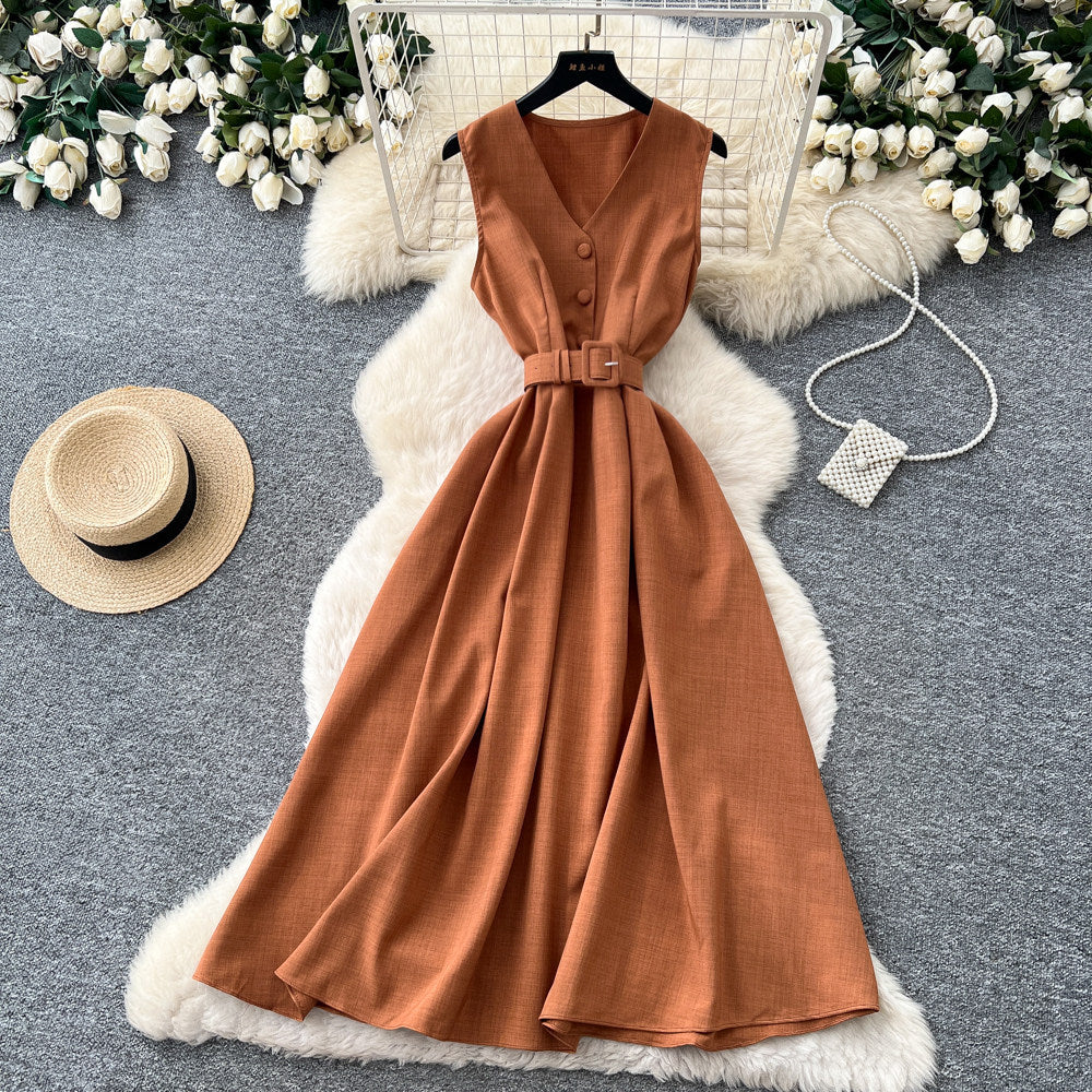 Qianjin wind sleeveless waist pure desire dress women's summer single breasted high waist a-line skirt work clothingelegantclassy
