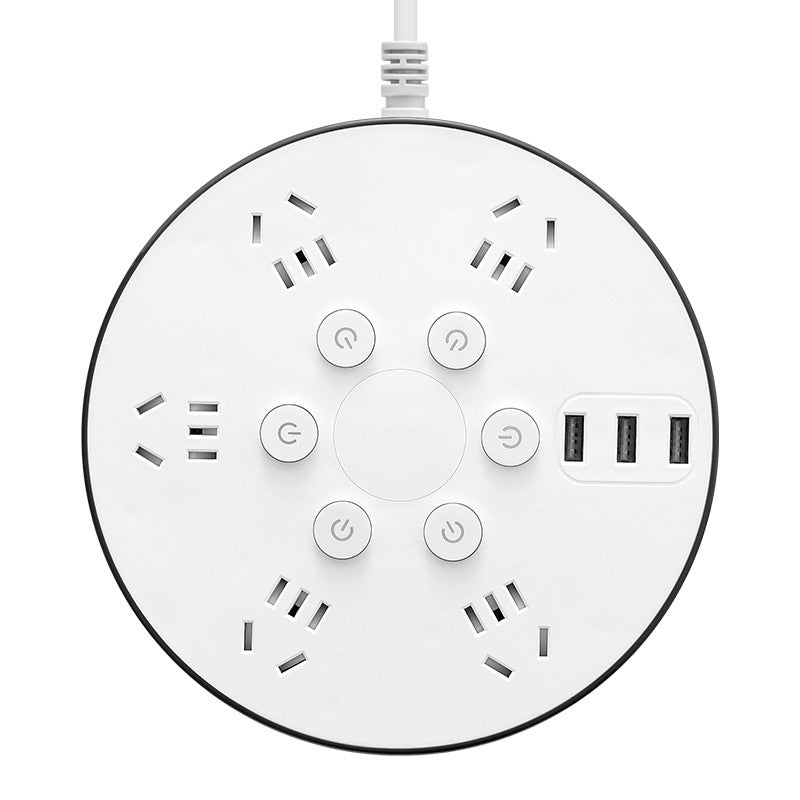 Multi-function round socket power strip with independent switches, fast charging usb ports, panel design, multi-outlet power strip, and long cord
