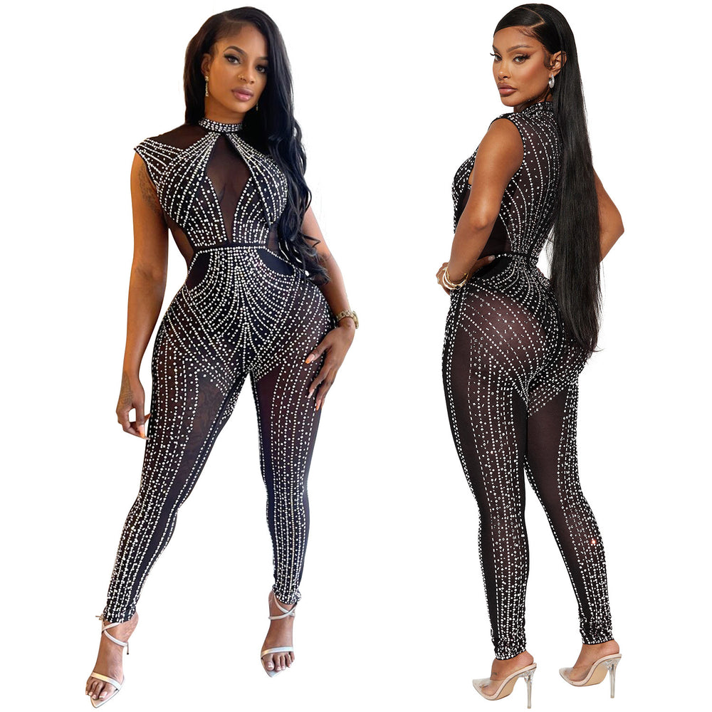 C6781 cross-border   fashion women's solid color mesh rhinestone sleeveless pants jumpsuit