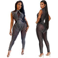 C6781 cross-border   fashion women's solid color mesh rhinestone sleeveless pants jumpsuit