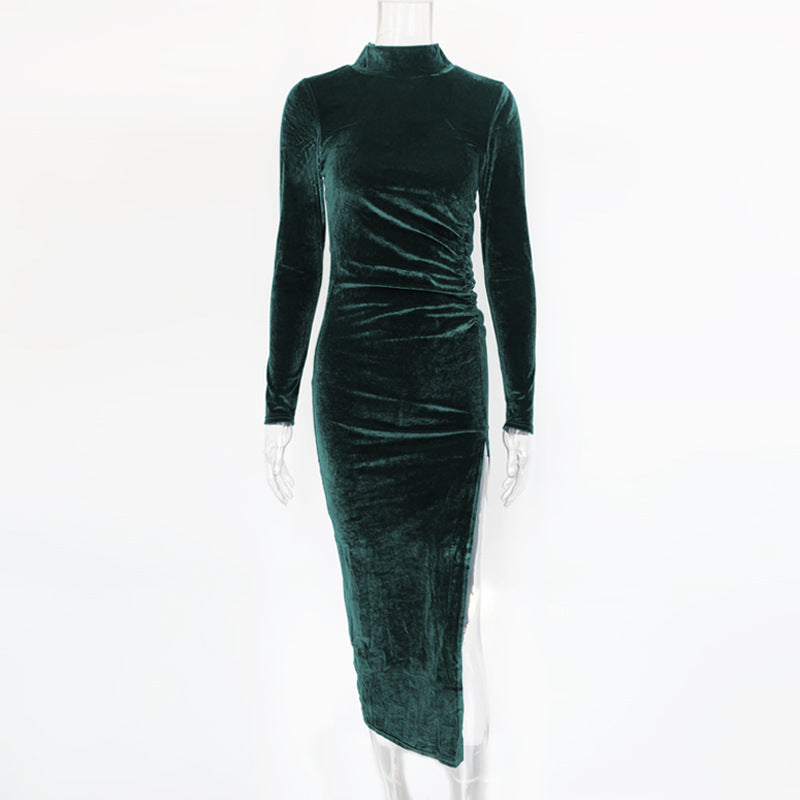 European and American fashion sexy dress skirt 2025 autumn and winter new elegant women's clothing turtleneck long-sleeved pleated split dress