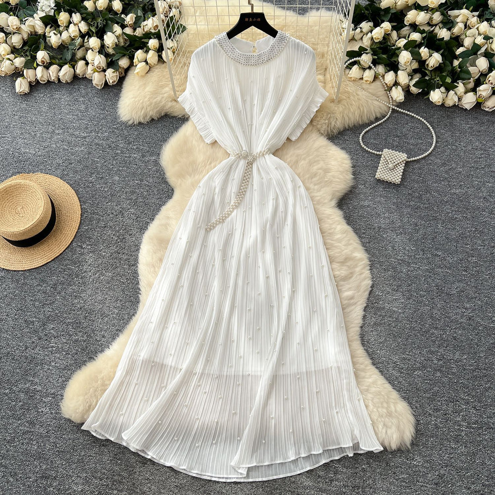 summer women's niche high-end beaded round neck short sleeve tie-waist pleated dress