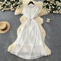 summer women's niche high-end beaded round neck short sleeve tie-waist pleated dress