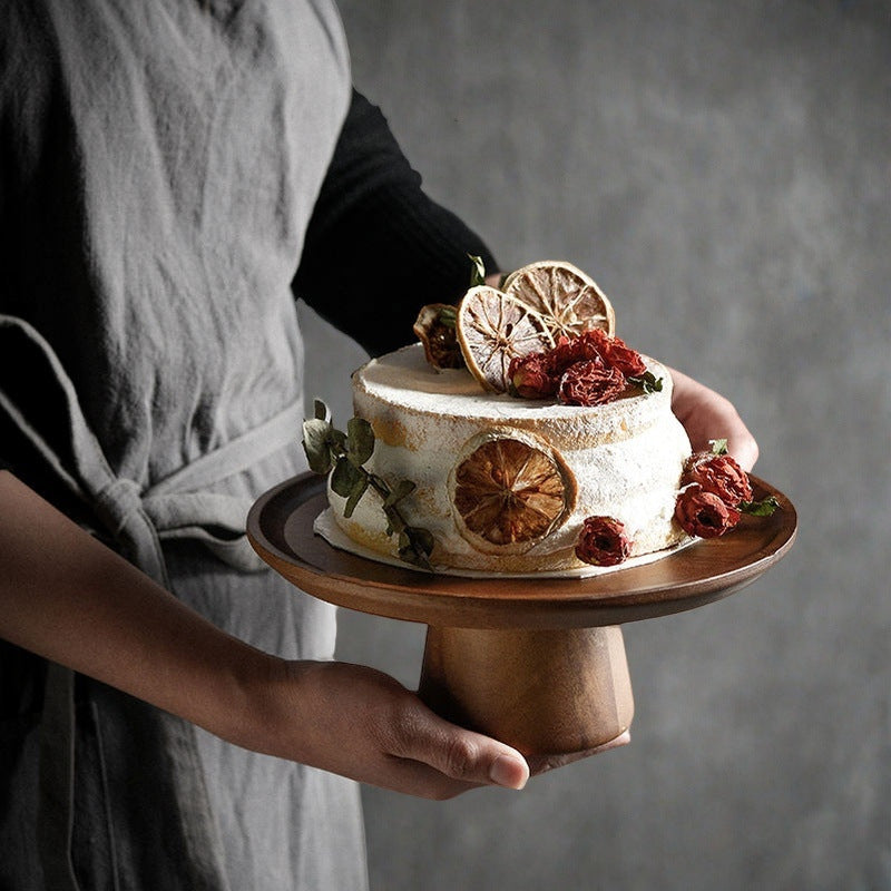 Japanese-style acacia wood cake stand - wooden tray display for weddings, dessert tables, home decor, and fruit/snack serving