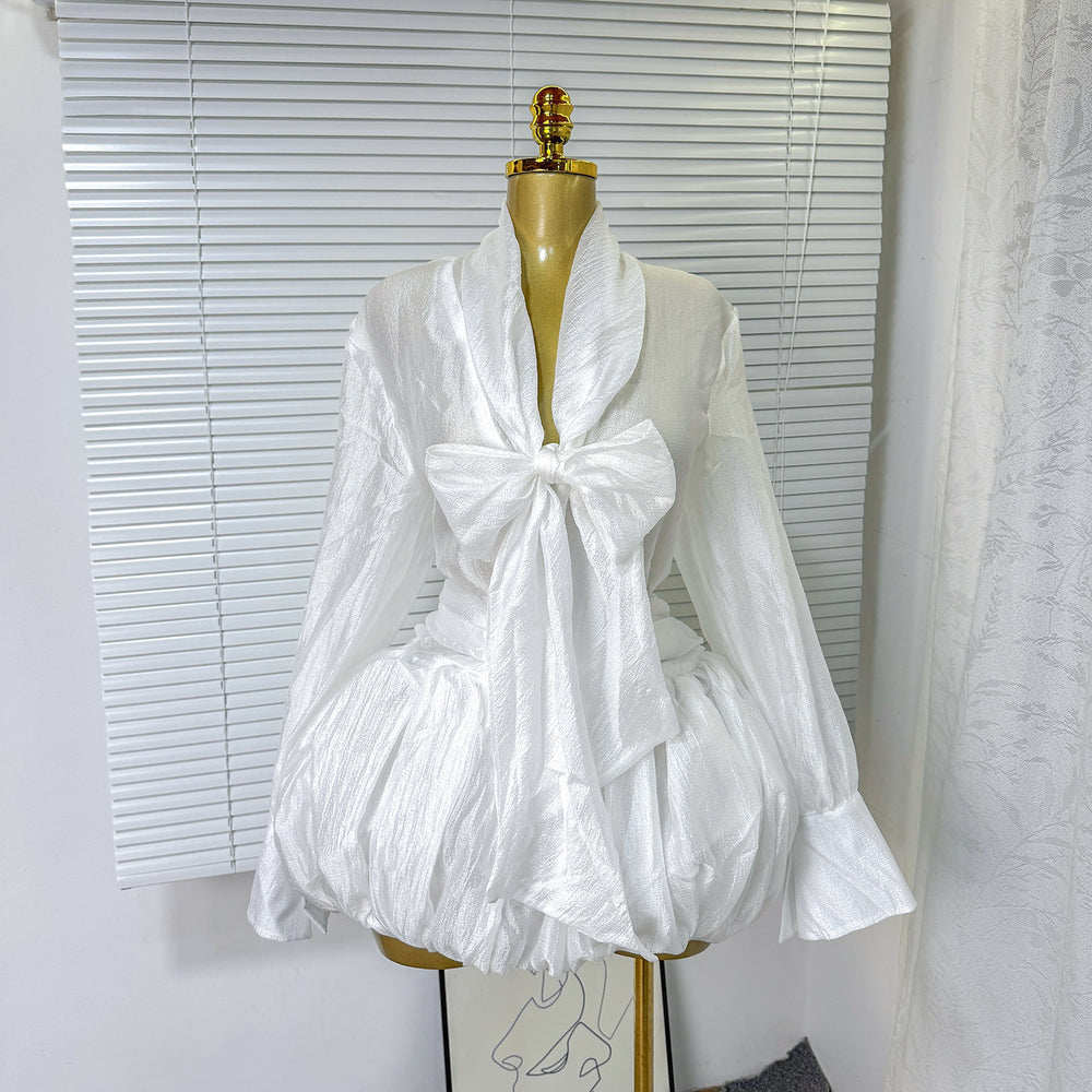 Atmosphere halter neck ribbon swing collar long sleeves waist tops women autumfashionfashion puffy flower bud skirt
