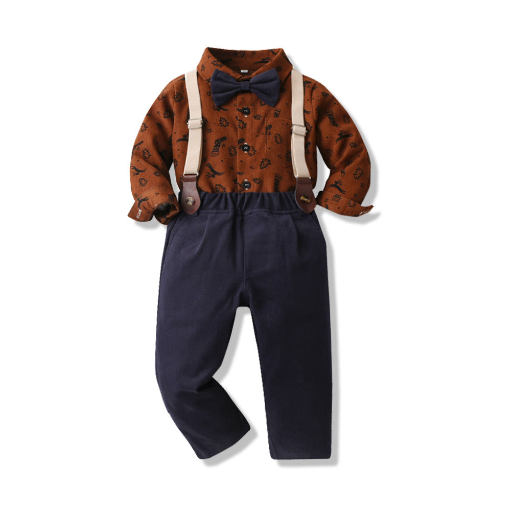 New autumn children's shirt printed christmas long sleeve bow tie mid-to-large kids gentleman's formal wear set customized children's clothing