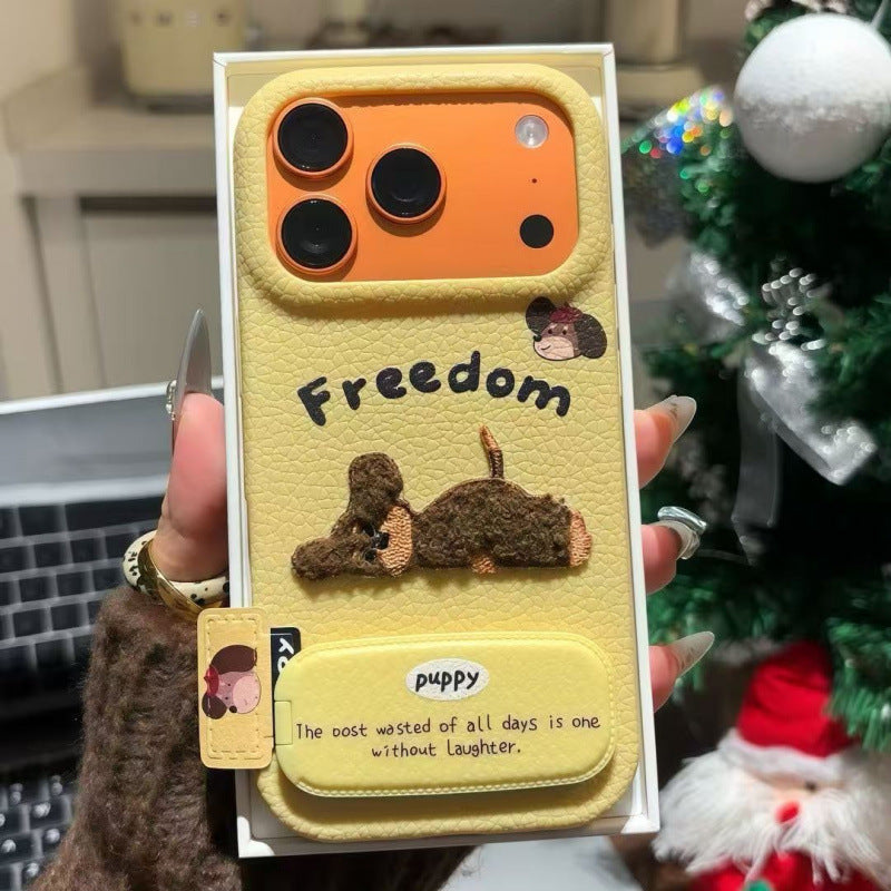 Leather pattern suitable for apple 16promax mobile phone case plush lying sleeping dog xiaomi 17 huawei autumn and winter anti-fall soft shell