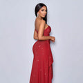 Amazon cross-border asymmetrical strap high-slit ruffle trim sequin maxi dress