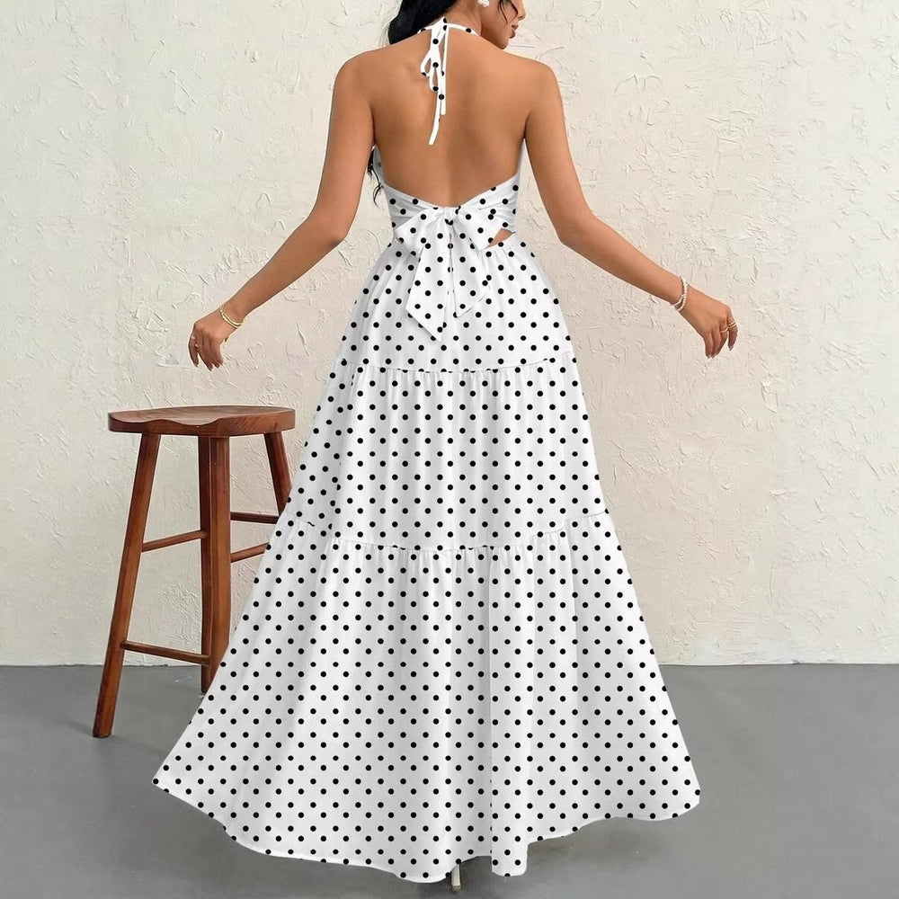 European and american style polka dot halter dress, asymmetrical summer new arrival, french v-neck, cinched waist, flared skirt