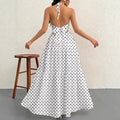European and american style polka dot halter dress, asymmetrical summer new arrival, french v-neck, cinched waist, flared skirt