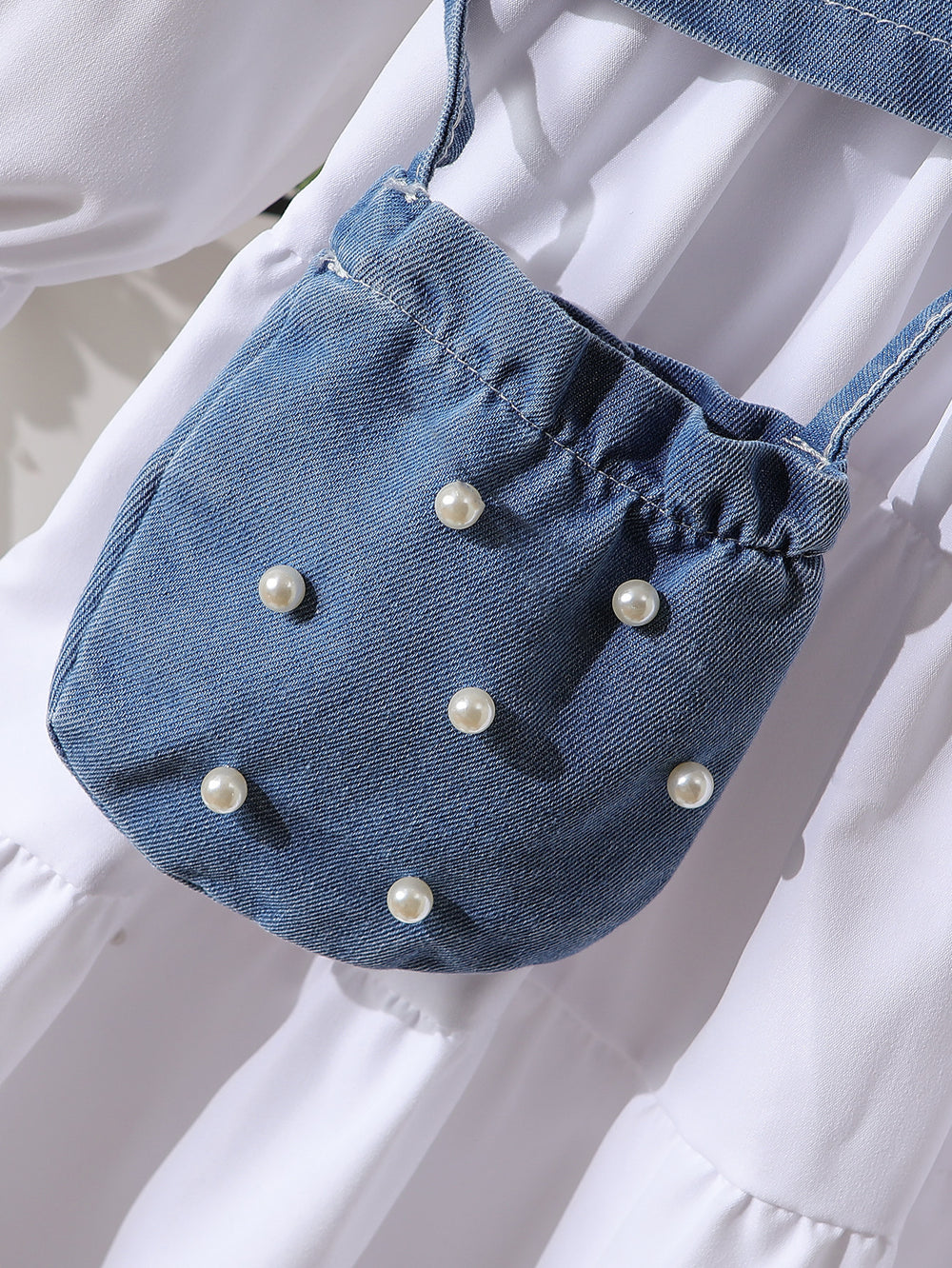 cross-border autumn new arrival: shirt collar bubble bead dress + bubble bead denim vest + crossbody bag three-piece set