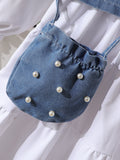 cross-border autumn new arrival: shirt collar bubble bead dress + bubble bead denim vest + crossbody bag three-piece set