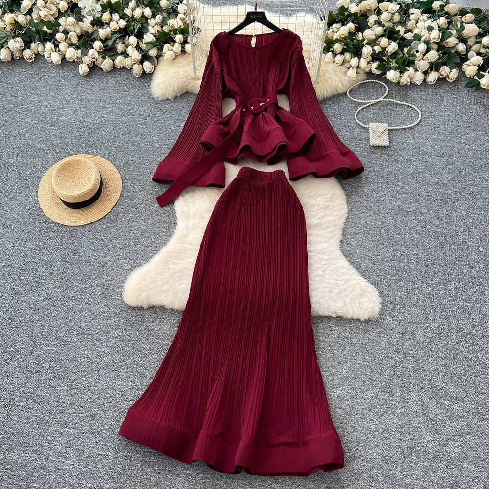European and american chic tie-waist flared sleeve ruffle hem pleated top + high-waisted mermaid midi skirt set